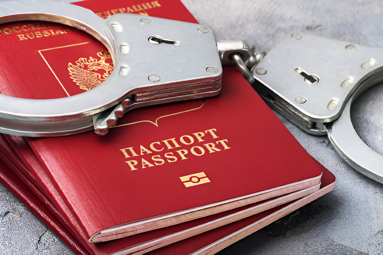 Illustration of a fake passport with legal warning symbols and gavel